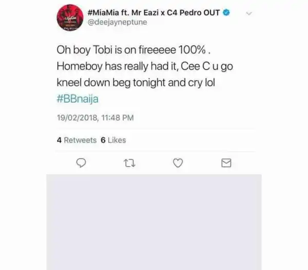 BBNaija: DJ Neptune Reacts As Tobi Walks Out On Cee C 